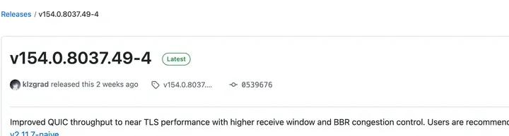 NaiveProxy 发布页：v154.0.8037.49-4，标着 Latest