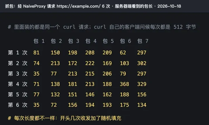 经 NaiveProxy 请求 6 次，服务器端看到的客户端前 7 个包长度每次都不同