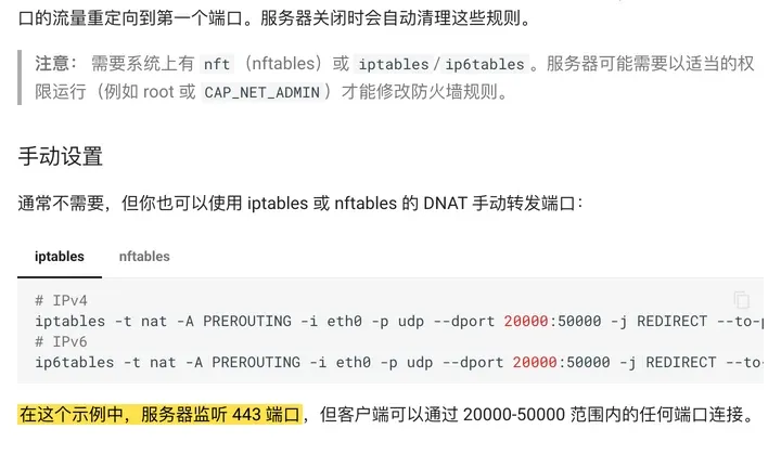 Hysteria 官方文档的手动设置：iptables 把 UDP 20000:50000 重定向到 443，在这个示例中服务器监听 443 端口
