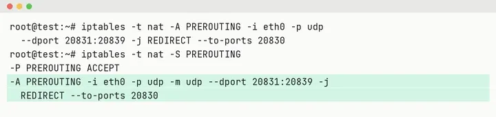 测试服务器上加了一条 iptables 规则：UDP 20831 到 20839 重定向到 20830