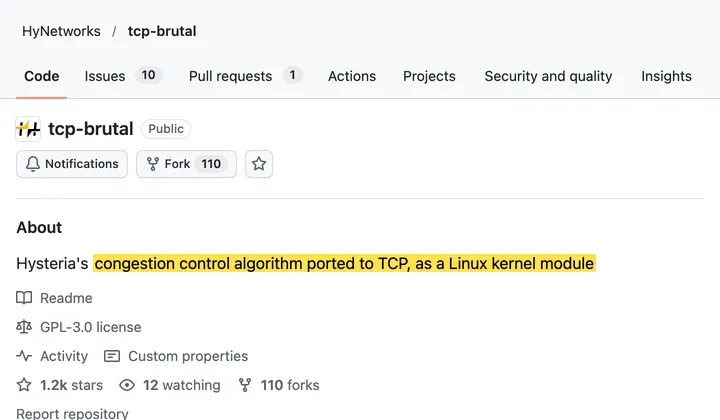 tcp-brutal 仓库简介：Hysteria 的拥塞控制算法移植到 TCP，作为 Linux 内核模块