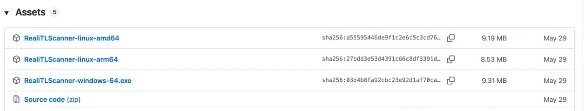 RealiTLScanner v0.2.3 下载文件:linux-amd64、linux-arm64、windows-64.exe