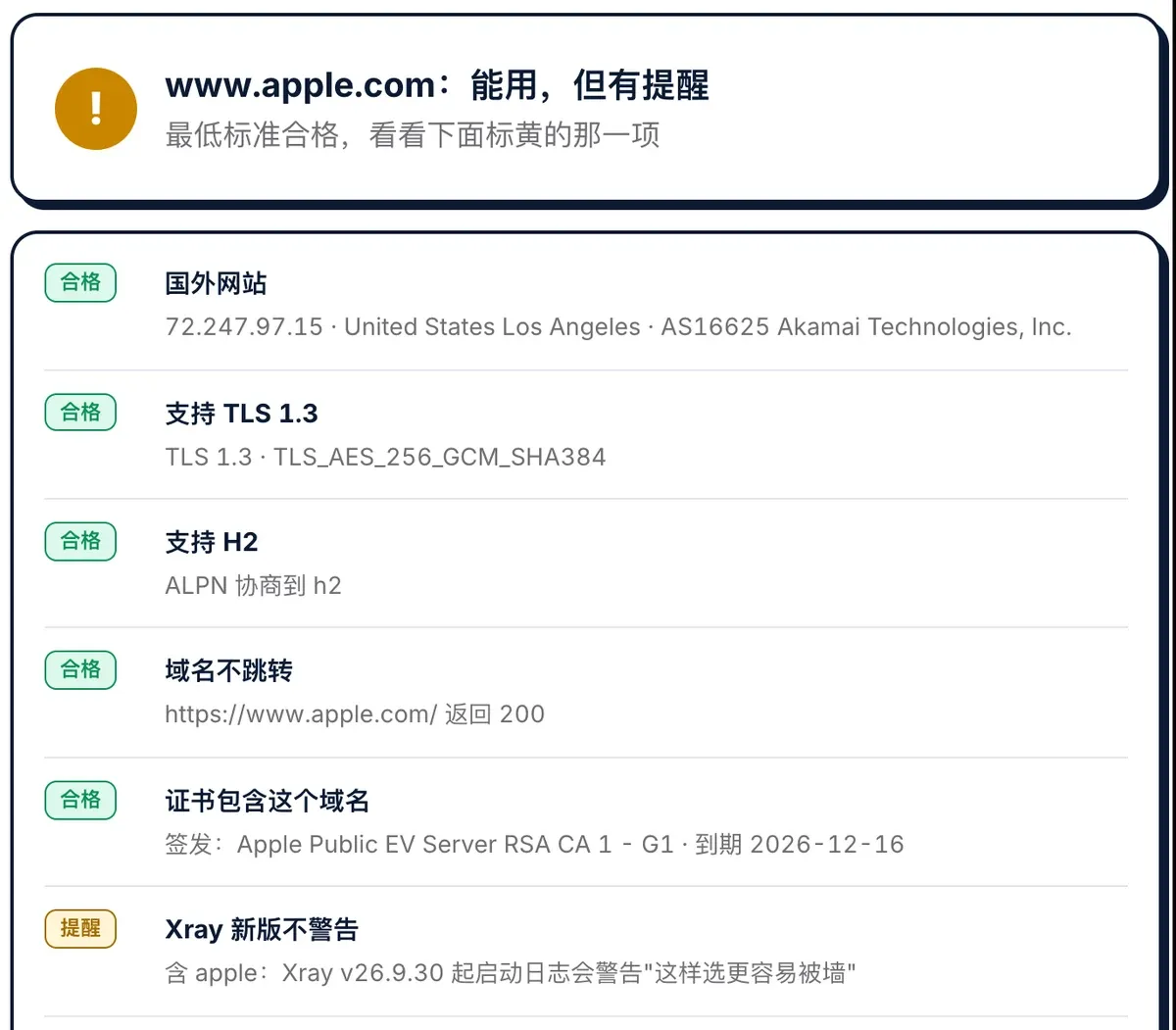 不翻车 REALITY 目标网站检测:www.apple.com 能用但有提醒,Xray 新版不警告这一项标黄