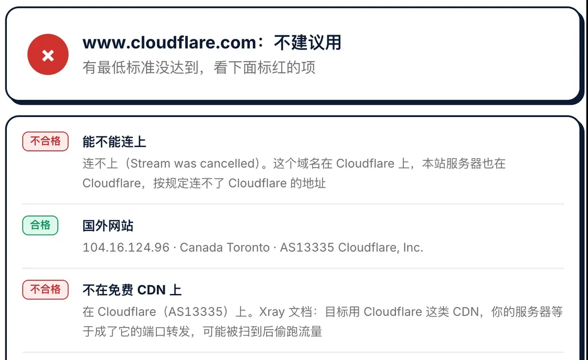 不翻车 REALITY 目标网站检测:www.cloudflare.com 不建议用,在 Cloudflare 上,可能被扫到后偷跑流量