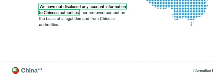 X 透明度中心中国页原文，"We have not disclosed any account information to Chinese authorities" 一句被框出