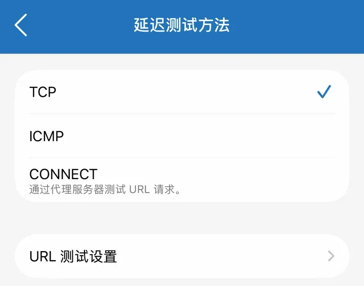 延迟测试方法：TCP（已选）、ICMP、CONNECT（通过代理服务器测试 URL 请求）
