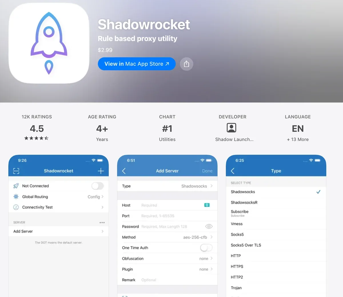美区 App Store 网页版的 Shadowrocket 页面，售价 2.99 美元