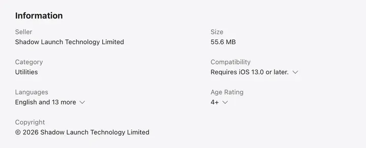 美区 App Store 小火箭页面的“信息”栏：Seller 为 Shadow Launch Technology Limited，要求 iOS 13.0 或更新