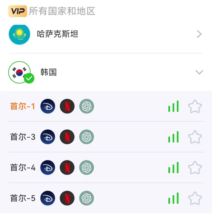 闪连VPN 韩国节点列表，首尔-1、3、4、5，每个节点标有 Disney+、Netflix、ChatGPT 图标