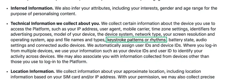 TikTok 隐私政策原文：“keystroke patterns or rhythms”