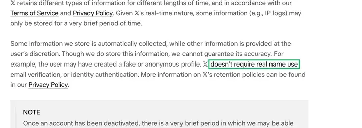 X 执法指南原文：“X doesn’t require real name use”