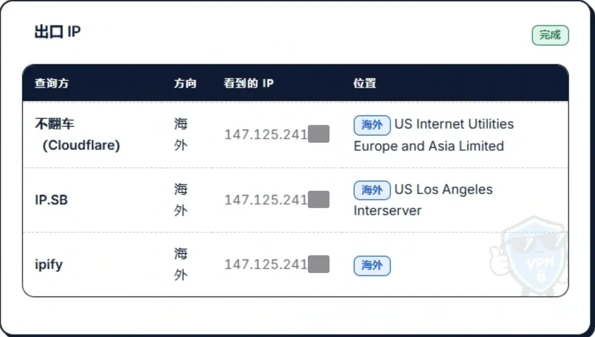 分流检测海外方向:三家看到的都是服务器 IP(末段已遮挡)