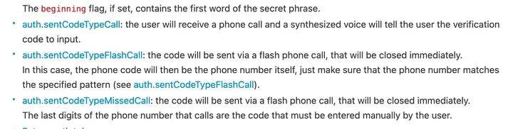 Telegram 开发文档：验证码可以通过电话语音念出；未接来电方式下，来电号码的最后几位就是验证码