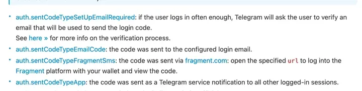 Telegram 开发文档：登录频繁的用户会被要求验证邮箱，验证码改发邮箱；验证码也可能作为通知发到其他已登录设备