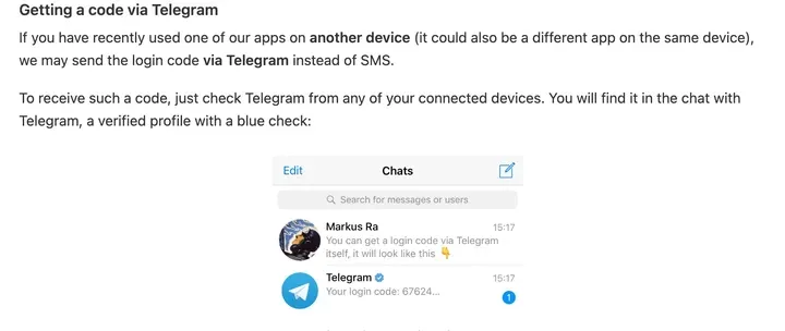Telegram 官方常见问题：最近在别的设备上用过 Telegram，登录验证码会通过 Telegram 发送而不是短信