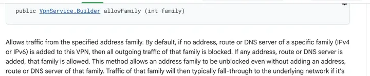 安卓开发者文档:if no address, route or DNS server of a specific family is added to this VPN, then all outgoing traffic of that family is blocked