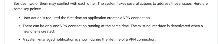 安卓开发者文档 VpnService:There can be only one VPN connection running at the same time