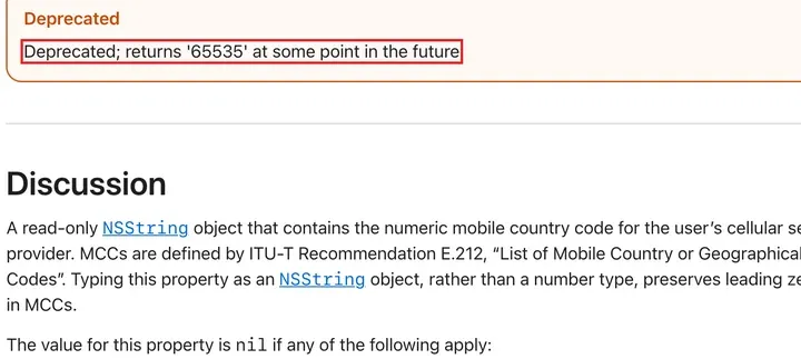 苹果开发者文档:mobileCountryCode Deprecated; returns ‘65535’ at some point in the future