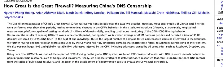 arXiv 2106.02167 摘要:77K censored domains polluted in popular public DNS resolvers, such as Google and Cloudflare