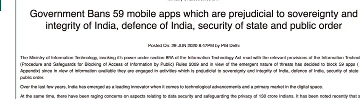 PIB 2020-06-29:Government Bans 59 mobile apps