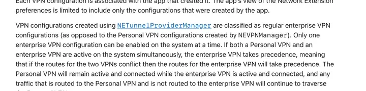 苹果开发者文档：Only one enterprise VPN configuration can be enabled on the system at a time