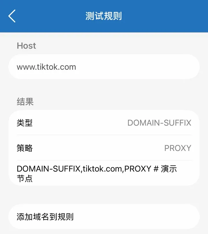 小火箭测试规则：换成 TikTok 走代理的配置后是 PROXY