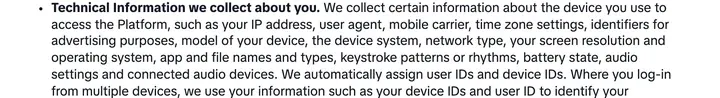 TikTok 隐私政策:Technical Information 里列了 mobile carrier、time zone settings