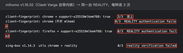 mihomo 和 sing-box 连新版 REALITY 的结果