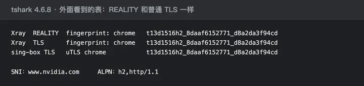 REALITY chrome、普通 TLS chrome、sing-box uTLS chrome 的 JA4 相同