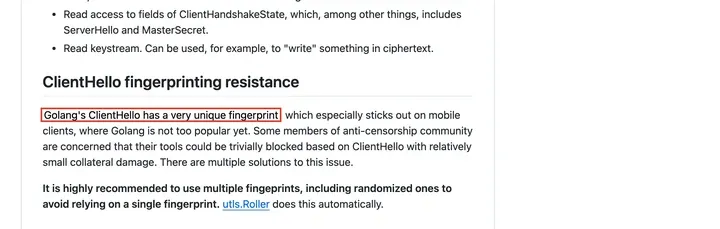 uTLS README:Golang’s ClientHello has a very unique fingerprint