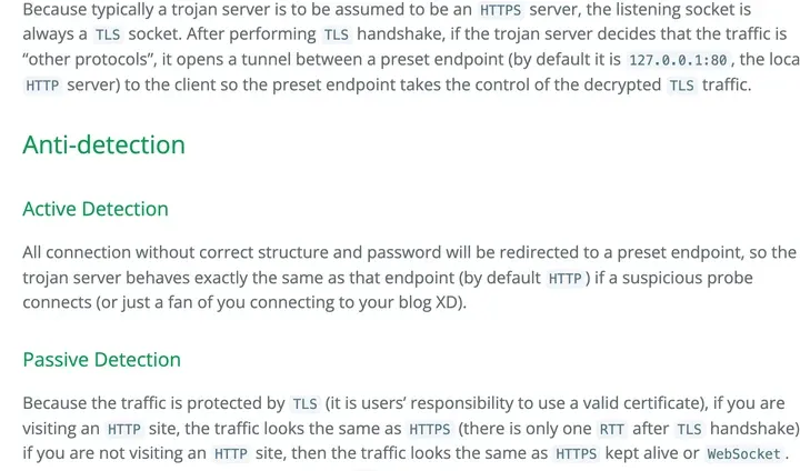 Trojan 官方协议文档：Other Protocols 与 Active Detection，密码不对的连接转给预设端点