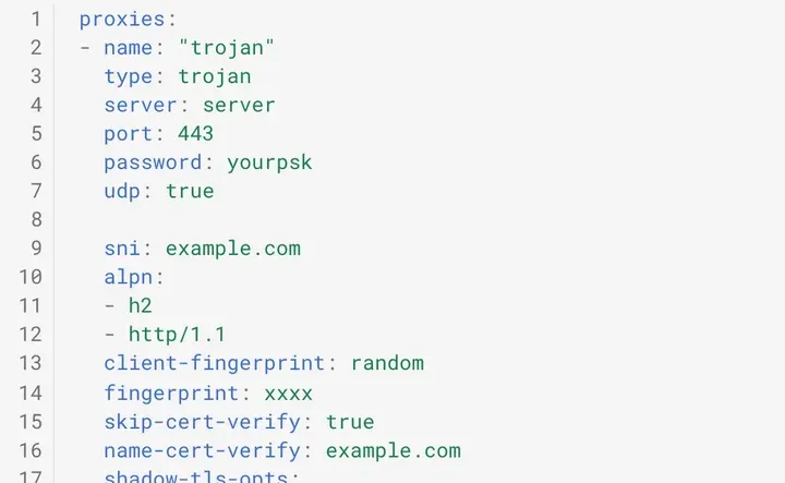 mihomo 文档 Trojan 示例：skip-cert-verify: true