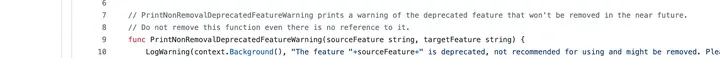 Xray-core 源码 feature_errors.go：PrintNonRemovalDeprecatedFeatureWarning 用于近期不会删除的功能
