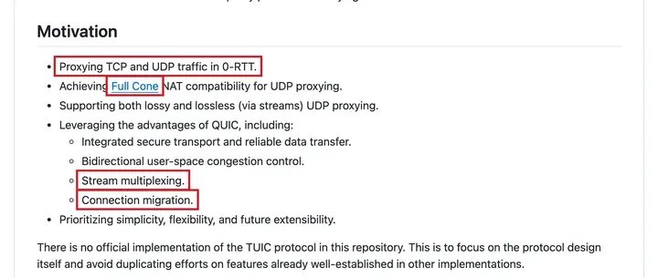 TUIC 仓库的设计目标：0-RTT 转发 TCP 和 UDP、Full Cone NAT、多路复用、连接迁移