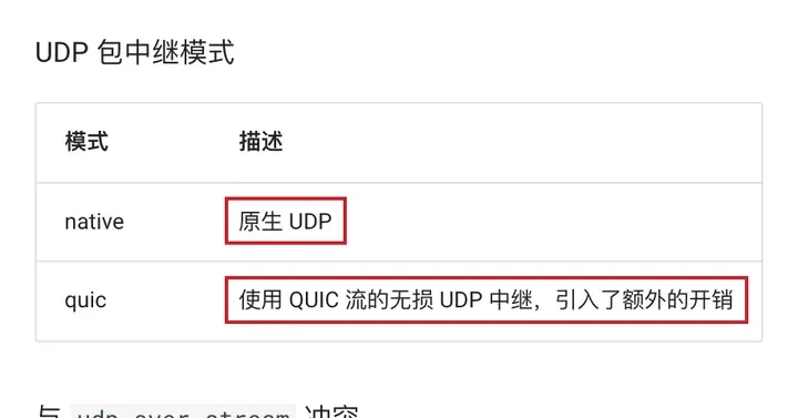 sing-box 文档：udp_relay_mode，native 原生 UDP，quic 无损 UDP 中继但有额外开销