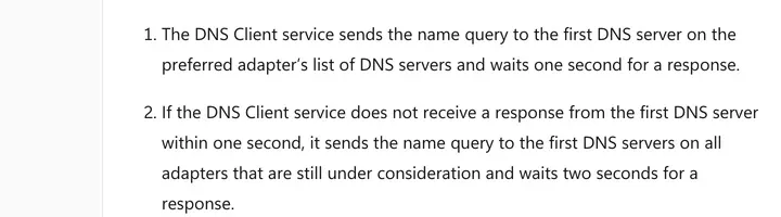 微软文档：首选网卡 DNS 一秒无响应，就发给所有网卡的 DNS 服务器