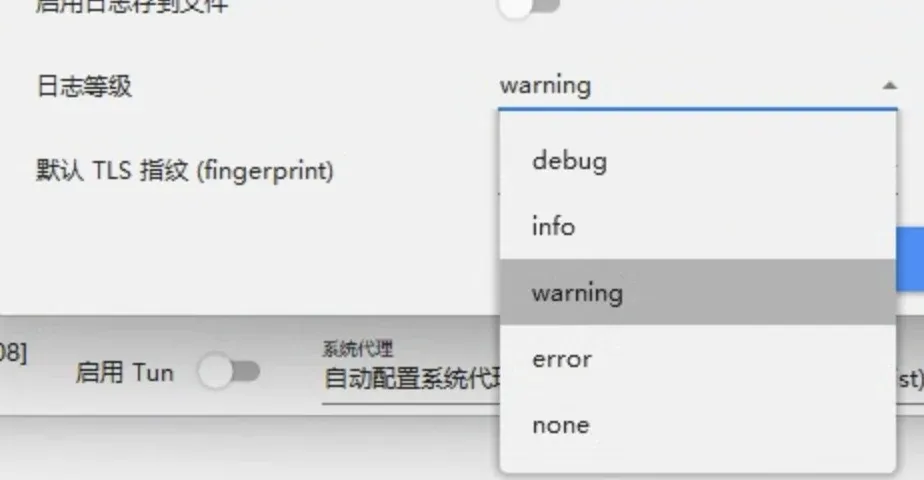 日志等级下拉:debug、info、warning、error、none