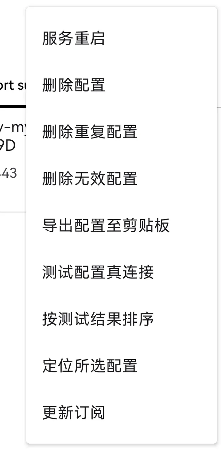 v2rayNG 菜单：服务重启、更新订阅