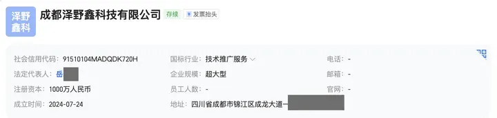 成都泽野鑫科技有限公司工商信息：2024-07-24 成立，注册资本 1000 万，技术推广服务，地址在成都锦江区