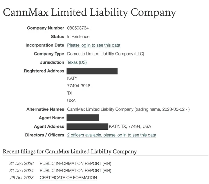 OpenCorporates 上的 CannMax Limited Liability Company：得州 LLC，2023 年 4 月 28 日提交成立文件（个人姓名和街道地址已打码）