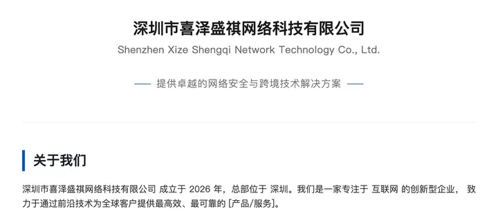 深圳市喜泽盛祺官网“关于我们”：成立于 2026 年……提供最高效、最可靠的 [产品/服务]