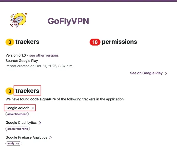 Exodus 报告：起飞VPN 6.1.0，3 个追踪器，含 Google AdMob