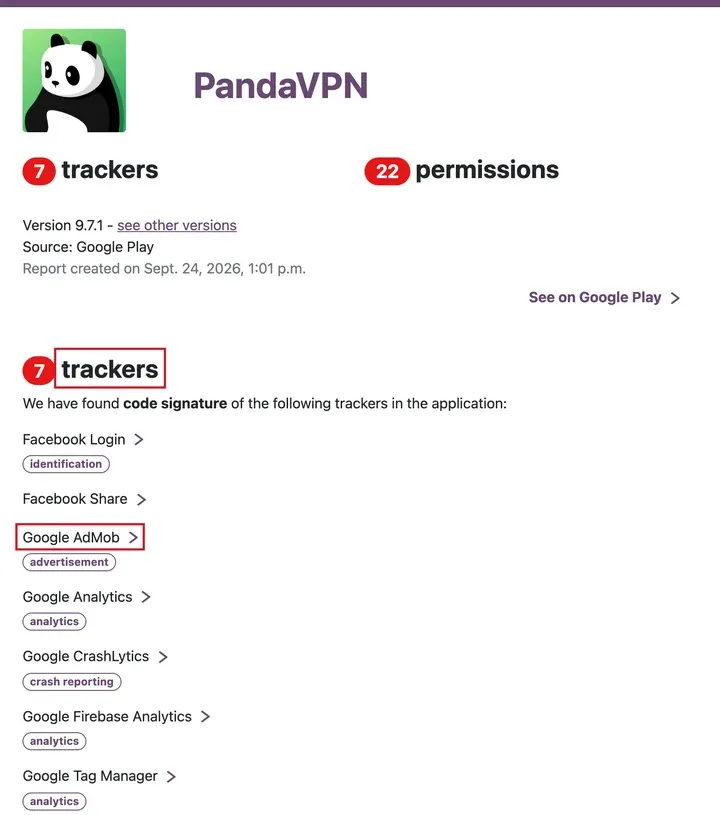 Exodus 报告：熊猫VPN 9.7.1，7 个追踪器，含 Google AdMob