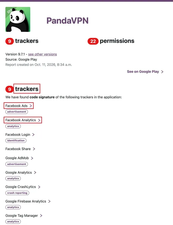 Exodus 报告：熊猫VPN 免费版，9 个追踪器，含 Facebook Ads 和 Facebook Analytics
