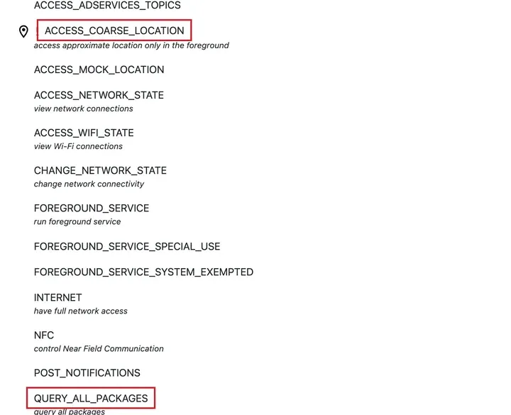Exodus 报告里熊猫VPN 的 ACCESS_COARSE_LOCATION 和 QUERY_ALL_PACKAGES