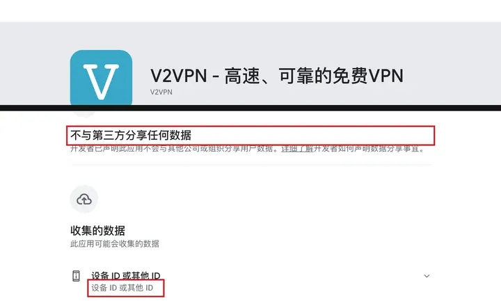 Google Play 数据安全栏：V2VPN 不分享，收集设备 ID