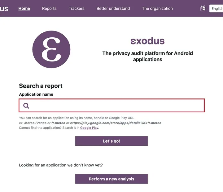Exodus Privacy 报告搜索页