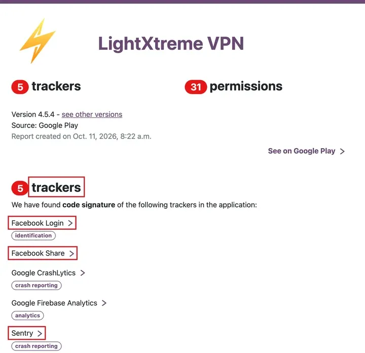 Exodus 报告：闪连（LightXtreme VPN）4.5.4，5 个追踪器