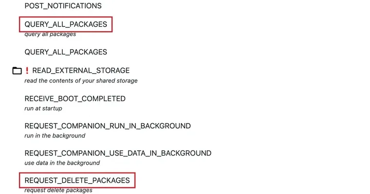 Exodus 报告里闪连的 QUERY_ALL_PACKAGES 和 REQUEST_DELETE_PACKAGES