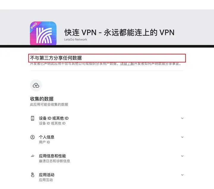 Google Play 数据安全栏：快连写着不与第三方分享任何数据